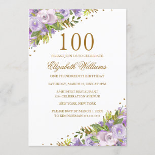 Invitation Aquarelle florale violet or 100e anniversaire