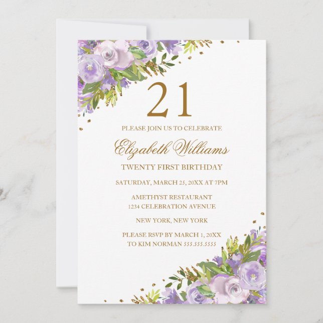 Invitation Aquarelle Florale violet Or 21e anniversaire (Devant)
