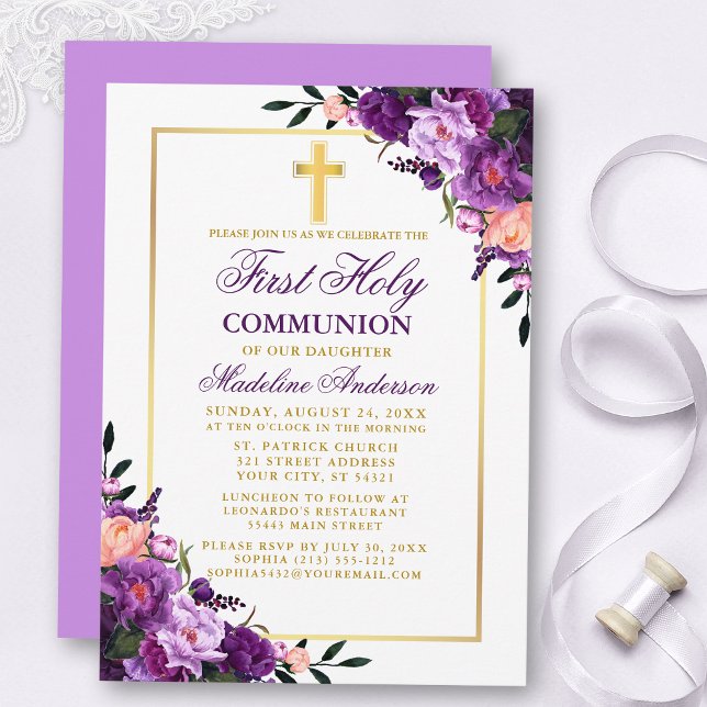 Invitation Aquarelle Florale Violet Violet première communion (Customize to change text color, style, add text & photos to back or change color of back of card.)