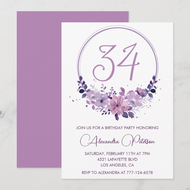 Invitation Aquarelle florale violette Élégante 34e anniversai (Devant / Derrière)