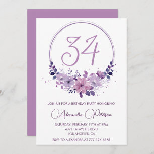 Invitation Aquarelle florale violette Élégante 34e anniversai
