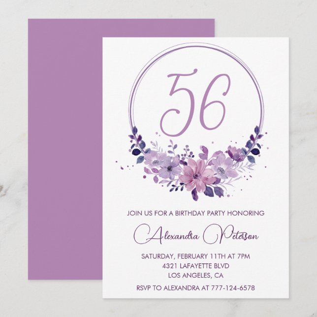 Invitation Aquarelle florale violette Elégante 56e anniversai (Devant / Derrière)