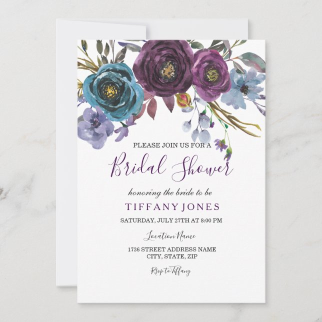 Invitation Aquarelle florale violette Fête des mariées élégan (Devant)