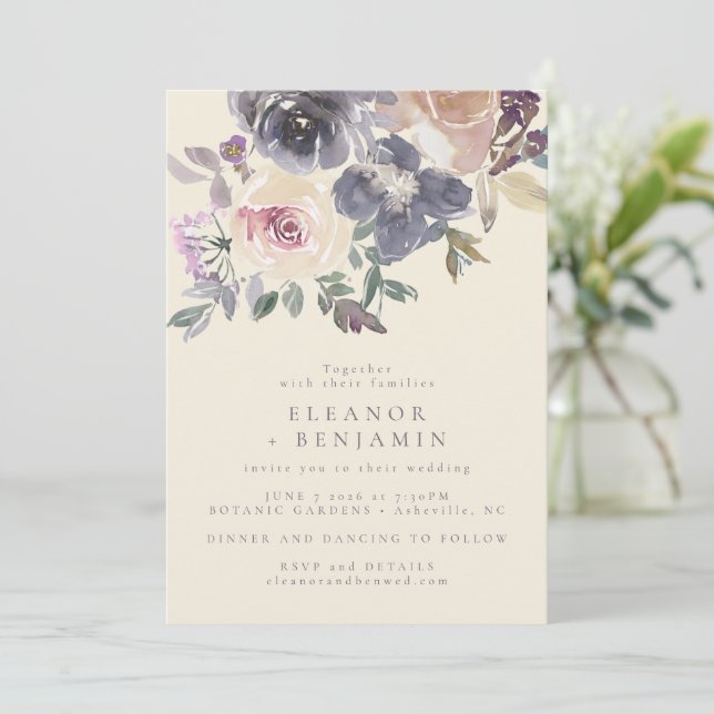 Invitation Aquarelle florale violette moderne Mariage élégant (Debout devant)