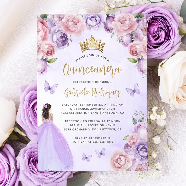 Invitation Aquarelle Florale violette or Quinceañera (Créateur téléchargé)