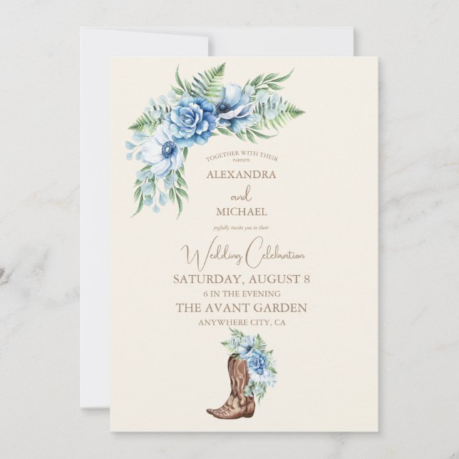 Invitation Aquarelle Florale Western Cowboy Boots Mariage (Devant)