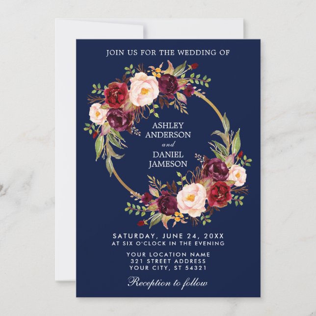 Invitation Aquarelle Florale Wreath Burgundy Bleu Mariage (Devant)