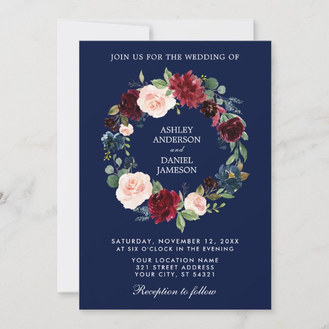 Invitation Aquarelle Florale Wreath Burgundy Bleu Mariage B (Devant)