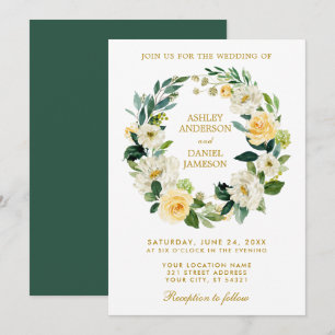 Invitation Aquarelle Florale Wreath Jaune Mariage vert or