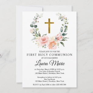 Invitation Aquarelle Florales roses Première communion sainte
