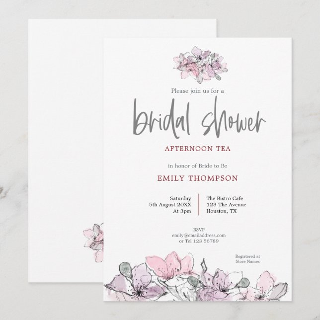 Invitation Aquarelle Florals Pink Script Fête des mariées Thé (Devant / Derrière)