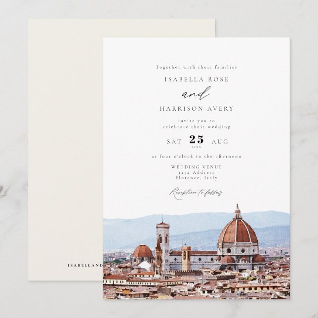 Invitation Aquarelle Florence, Italie Mariage Skyline (Devant / Derrière)