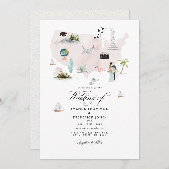 Invitation Aquarelle Floride USA Destination Mariage Photo (Devant / Derrière)