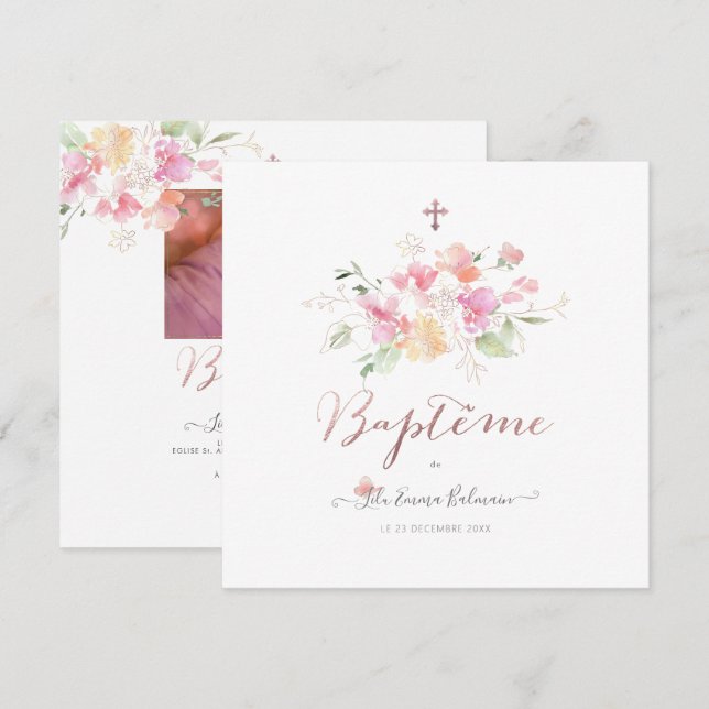 Invitation Aquarelle Fluers de Pois Faire partie de Baptême (Devant / Derrière)