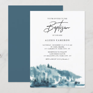 Invitation Aquarelle Forêt Bleue Baptême d'hiver