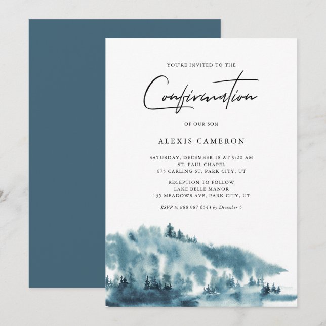 Invitation Aquarelle Forêt Bleue Confirmation hivernale (Devant / Derrière)