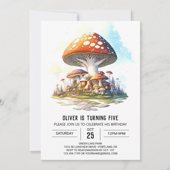 Invitation Aquarelle Forêt Champignons Anniversaire (Devant)