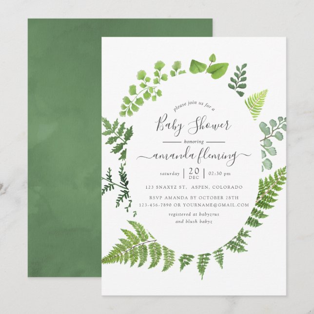 Invitation Aquarelle Forêt forestière Baby shower vert (Devant / Derrière)