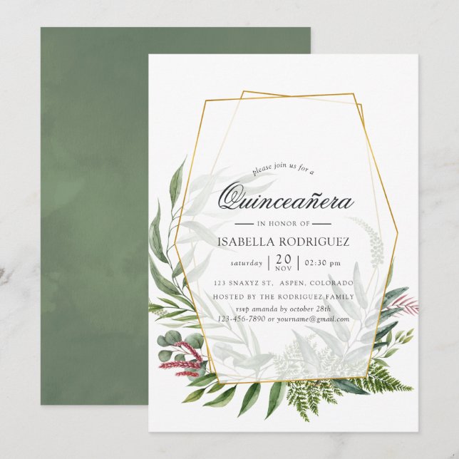 Invitation Aquarelle Forêt Herbarium Géométrique Quinceañera (Devant / Derrière)