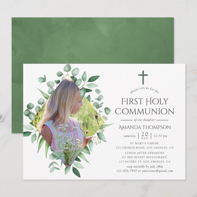 Invitation Aquarelle Forêt Verdure Première Communion sainte (Devant / Derrière)