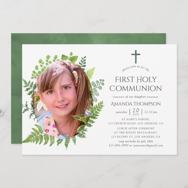Invitation Aquarelle Forêt Verdure Première Communion sainte (Devant / Derrière)