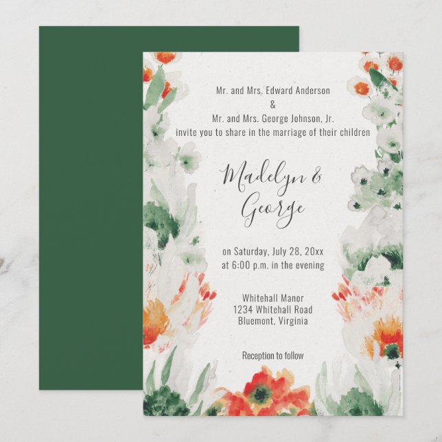 Invitation Aquarelle Forêt Vert, Orange, Mariage blanc (Devant / Derrière)