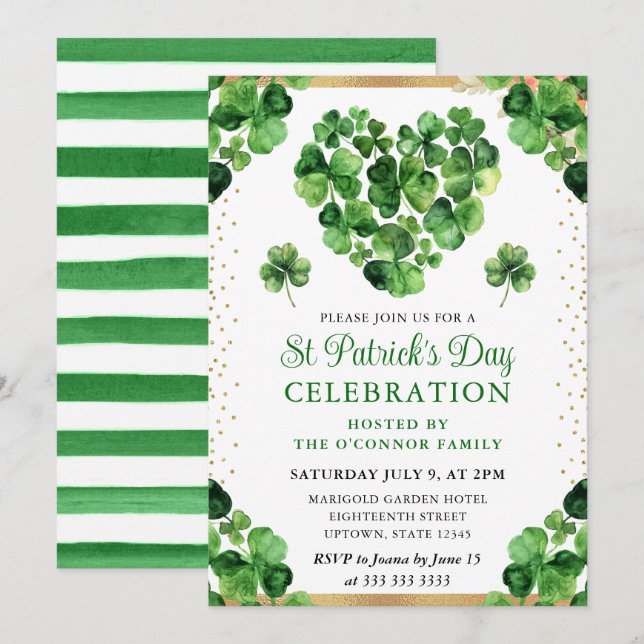 Invitation Aquarelle Four Leaf Clovers St Patrick's Day (Devant / Derrière)