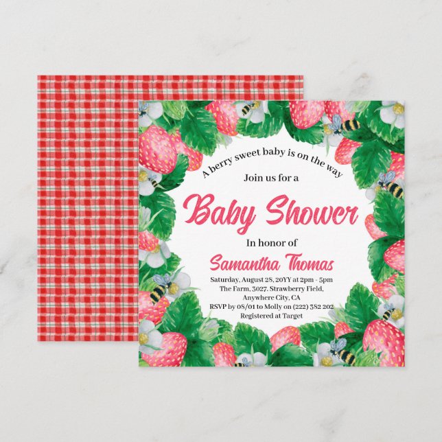 Invitation Aquarelle Fraise Berry Baby shower sucré (Devant / Derrière)