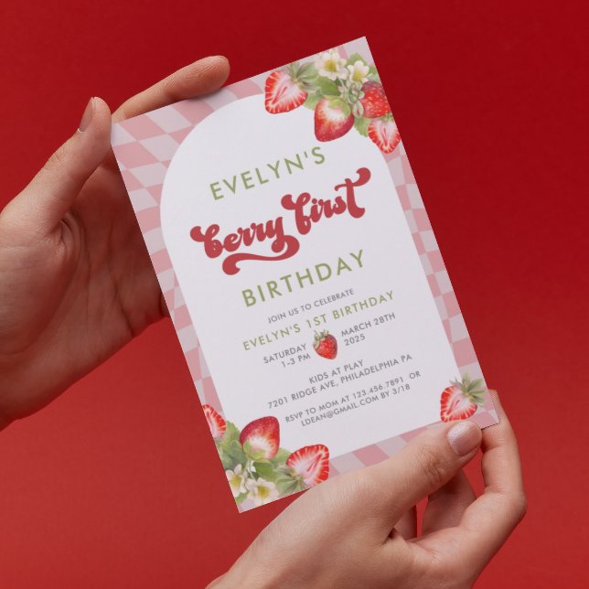 Invitation Aquarelle fraise Berry Premier anniversaire (Créateur téléchargé)