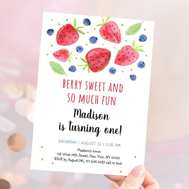 Invitation Aquarelle fraise bleuet 1er anniversaire (Créateur téléchargé)