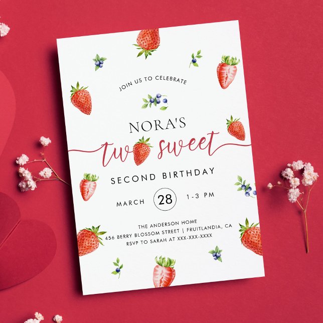 Invitation Aquarelle fraise deux doux anniversaire (Créateur téléchargé)