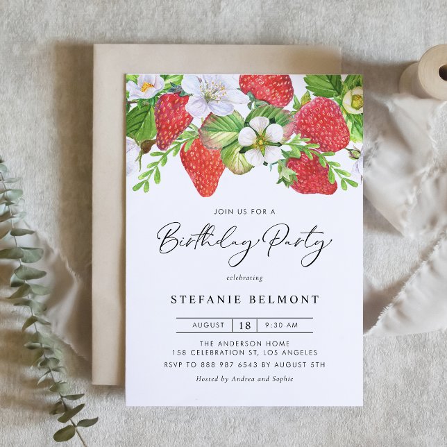 Invitation Aquarelle Fraises Botanique Anniversaire (Créateur téléchargé)