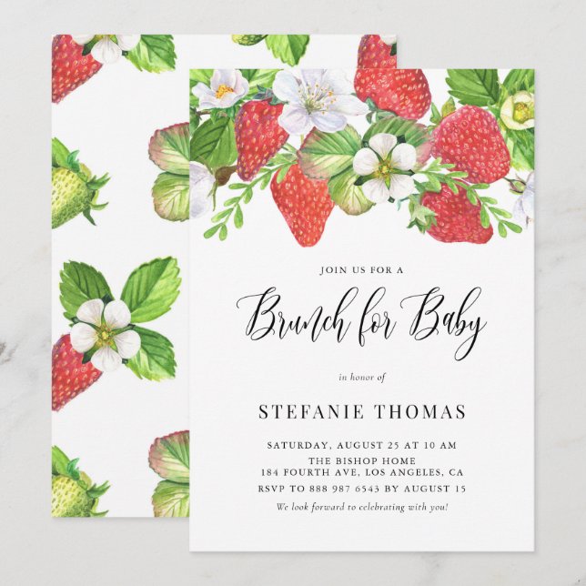 Invitation Aquarelle Fraises Botanique Bébé Brunch (Devant / Derrière)