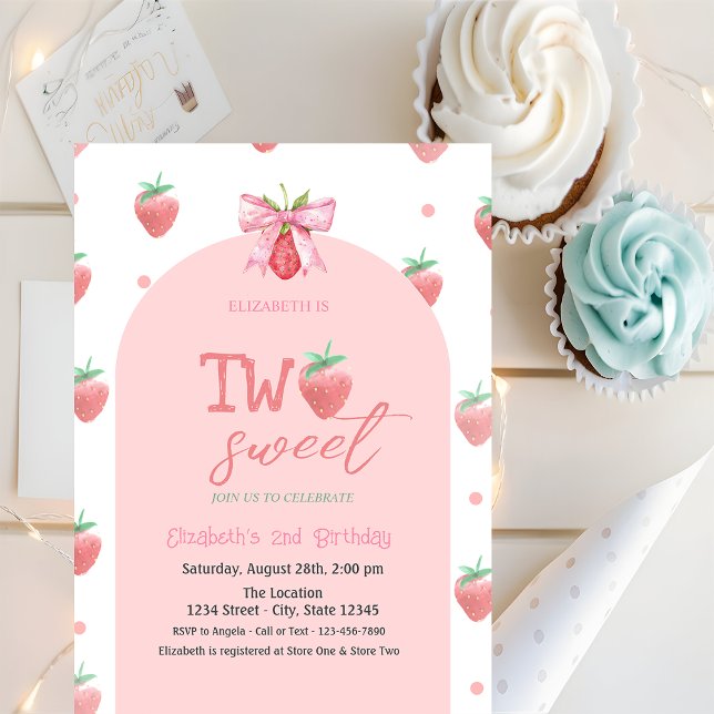Invitation Aquarelle Fraises Bow Two Sweet 2e anniversaire (Créateur téléchargé)