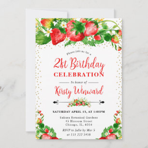 Invitation Aquarelle Fraises et fleurs 21e anniversaire