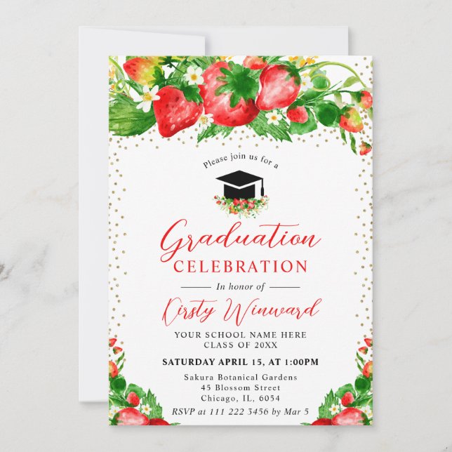 Invitation Aquarelle Fraises et fleurs Graduation (Devant)