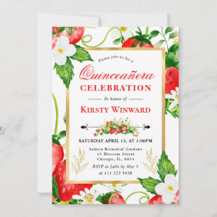 Invitation Aquarelle Fraises et fleurs Quinceanera