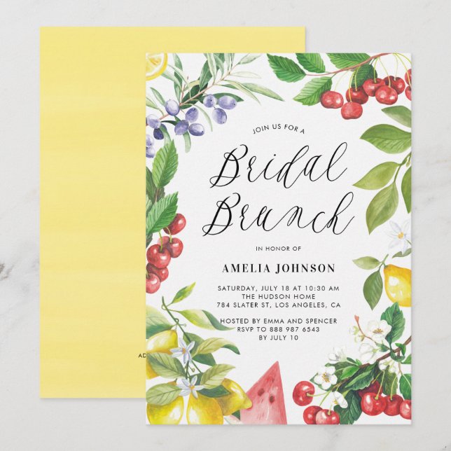 Invitation Aquarelle Fruits d'été Brunch nuptial floral (Devant / Derrière)
