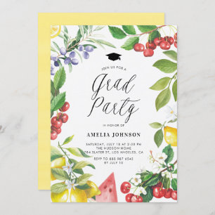 Invitation Aquarelle Fruits d'été Fête de Graduation Florale