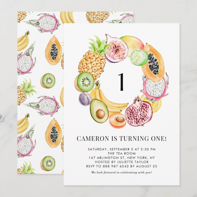 Invitation Aquarelle Fruits tropicaux Été Premier Anniversair (Devant / Derrière)