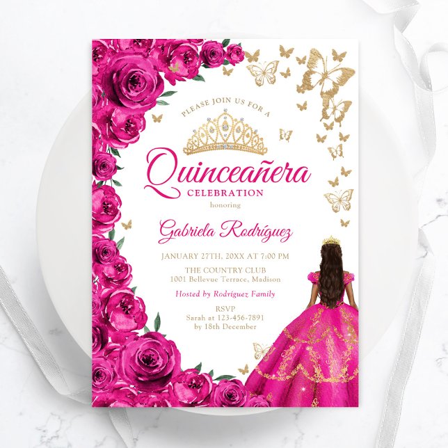 Invitation Aquarelle Fuchsia Roses Roses Roses Rose Quinceane (Créateur téléchargé)