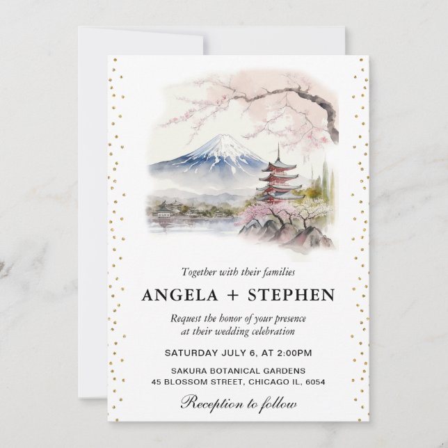 Invitation Aquarelle Fuji japonais et Pagode Mariage Pittores (Devant)