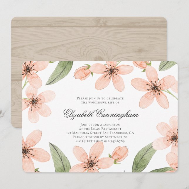 Invitation Aquarelle funéraire Memorial Floral et Folithe (Devant / Derrière)