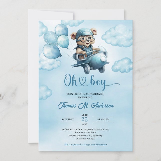 Invitation Aquarelle garçon ourson en peluche aviateur avec b (Devant)