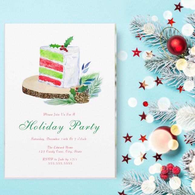Invitation Aquarelle Gâteau d'hiver de vacances avec Holly (This lovely Christmas Holiday layered cake makes a wonderful center piece for a party invitation.)