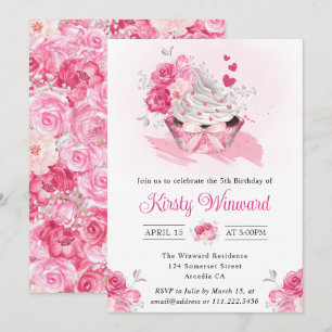 Invitation Aquarelle Gâteau rose et Fleurs fête d'anniversair