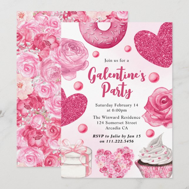 Invitation Aquarelle gâteaux roses et friandises de la Saint- (Devant / Derrière)