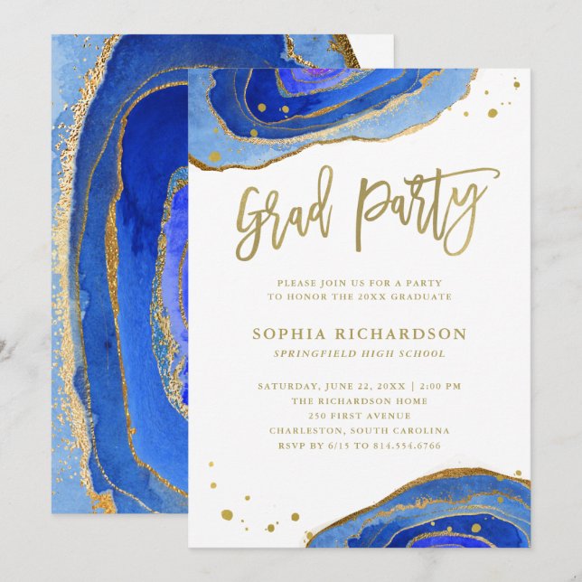Invitation Aquarelle Géode Bleue avec la Partie de Graduation (Devant / Derrière)