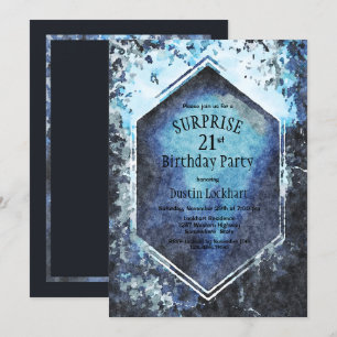 Invitation Aquarelle géométrique bleue Surprise 21e anniversa