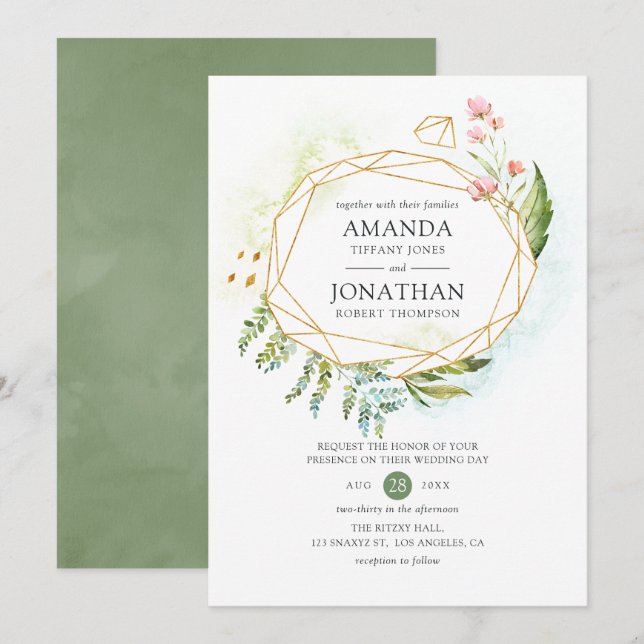 Invitation Aquarelle Géométrique Cristal Mariage (Devant / Derrière)